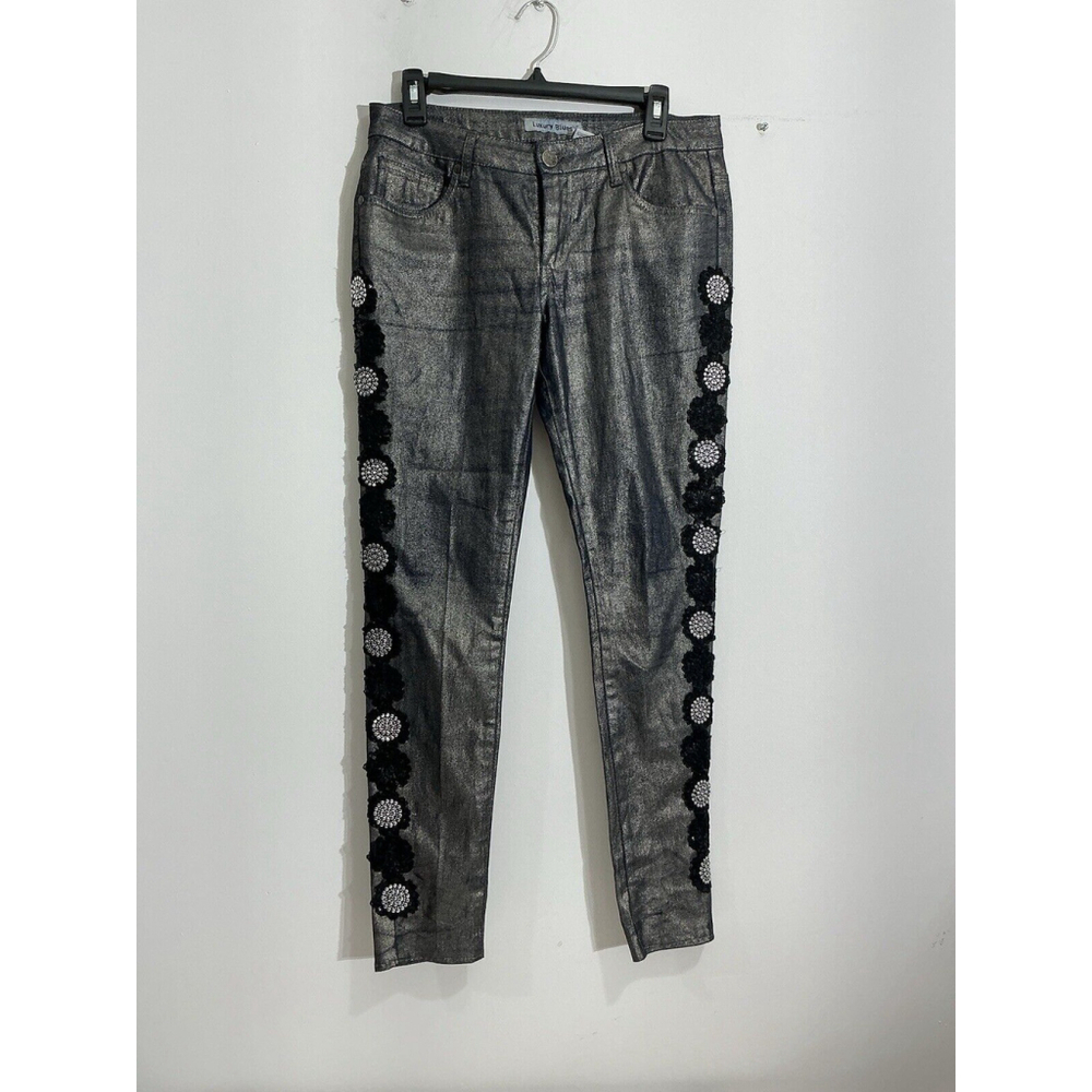Woman’s Luxury Blues Sun Metal Embelished Stretch Shiny Straight Leg Jeans 9
